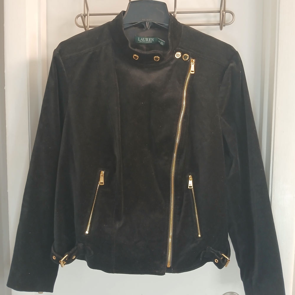 New! Lauren Ralph Lauren Women's Black Velvet & Gold Moto Jacket 16W NWOT 295$
